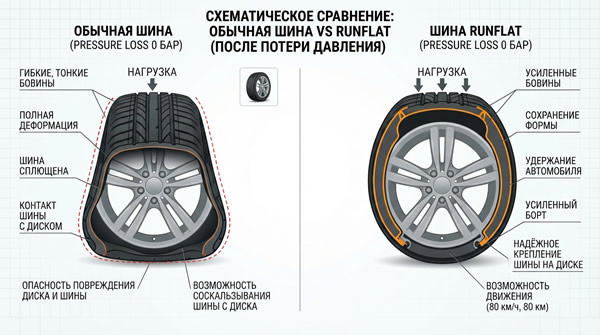 отличие обычной шины от RunFlat при проколе